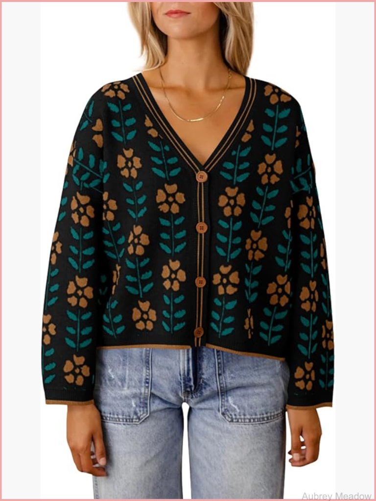 Floral Print V Neck Cardigan Button Down Knit Sweater Long Sleeve Loose Top